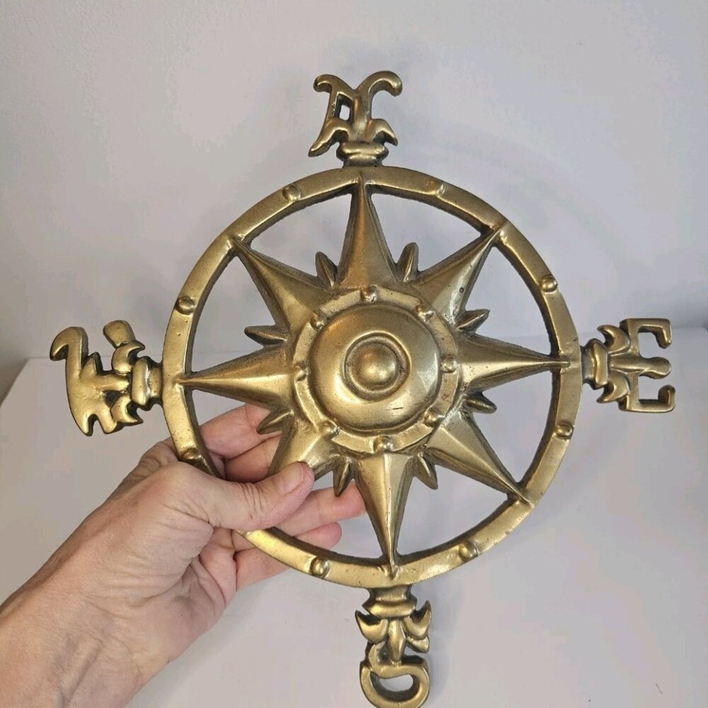 Vtg Brass Compass Rose Wall hanging Rose of the Winds Star Nautical decor - Picture 3 of 8